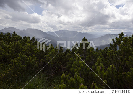 Mountain hiking at Brecherspitze mountain, Bavaria, Germany in summertime 121643418