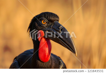 A black bird with a red beak is standing in a field 121643531