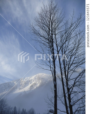 Mountain hiking at Brecherspitze mountain, Bavaria, Germany in wintertime 121643571
