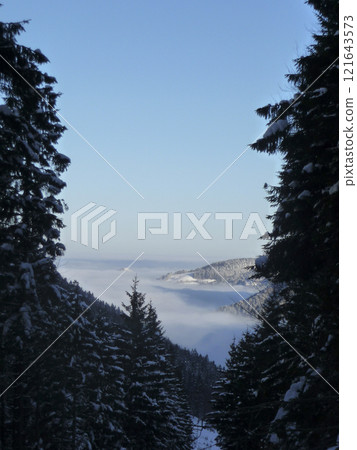 Mountain hiking at Brecherspitze mountain, Bavaria, Germany in wintertime 121643573