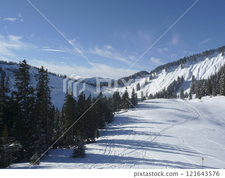 Mountain hiking at Brecherspitze mountain, Bavaria, Germany in wintertime 121643576
