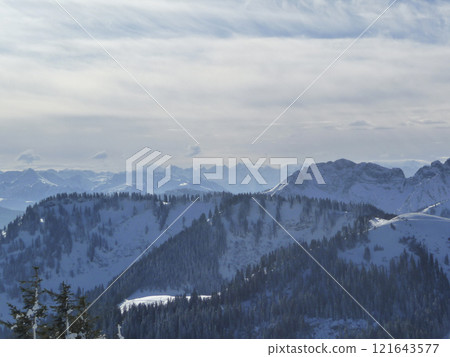 Mountain hiking at Brecherspitze mountain, Bavaria, Germany in wintertime 121643577