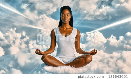 Afroamerican woman meditating sitting on a cloud in the sky 121643691