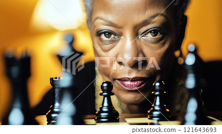 Senior afroamerican woman playing chess with intense concentration Senior afroamerican woman playing chess with intense concentration 121643693