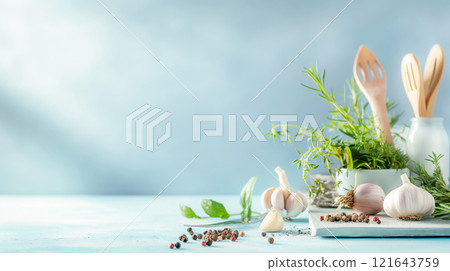 Fresh garlic and herbs on blue, culinary inspiration, creativity flat lay background. Generative AI 121643759