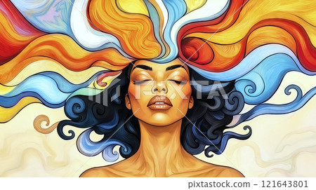 Beautiful black woman with colorful flowing hair symbolizing diversity 121643801