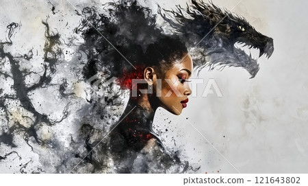 Beautiful woman embracing her inner dragon Beautiful woman embracing her inner dragon 121643802