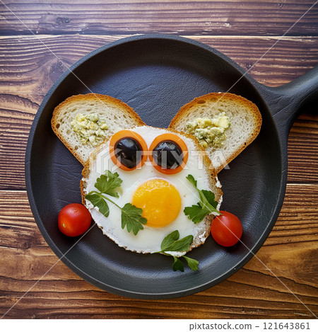 Whimsical Bear Face Meal Served in a Black Skillet 121643861