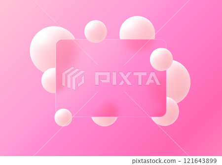 Trendy and futuristic glass morphism website landing page template. Frosted glass partition with floating pink spheres. Trendy and futuristic glass morphism website landing page template. Frosted glass partition with floating pink spheres. 121643899