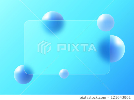 Glass morphism, vector website landing page template. Frosted glass partition with floating blue spheres. Glass morphism, vector website landing page template. Frosted glass partition with floating blue spheres. 121643901