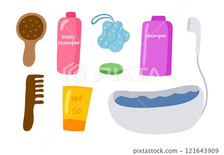 Colorful bathroom essentials illustration doodle style. Perfect for stickers or sets. Colorful bathroom essentials illustration doodle style. Perfect for stickers or sets. 121643909