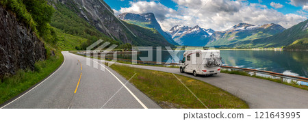 Family vacation travel RV, holiday trip in motorhome, Caravan car Vacation. 121643995