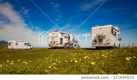 Family vacation travel RV, holiday trip in motorhome, Caravan car Vacation. 121644029
