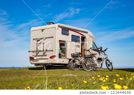 Family vacation travel RV, holiday trip in motorhome, Caravan car Vacation. 121644030