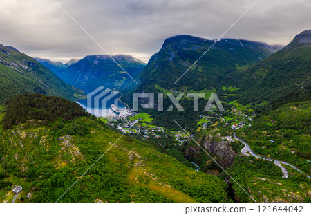 Geiranger fjord, Norway aerial photography. Geiranger fjord, Norway aerial photography. 121644042