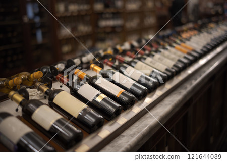 Row of wine bottles with dry red and white wine on wooden. Low depth of field. 121644089