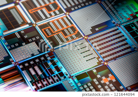 Silicon semiconductor wafer close-up. In electronics, a wafer also called a slice or substrate is a thin slice of semiconductor, a crystalline silicon, used for the fabrication of integrated circuits 121644094