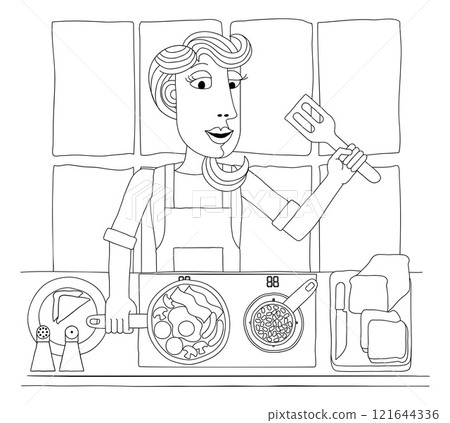 Woman Cooking Food Fried English Breakfast Kitchen Woman Cooking Food Fried English Breakfast Kitchen 121644336