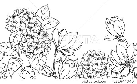seamless border with magnolia and hydrangea flowers. vector illustration in sketch style. coloring book 121644349