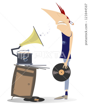 Teenager listens to a record on the old record player. Funny young man listening to a long playing record on the vintage record player. Isolated on white background Teenager listens to a record on the old record player. Funny young man listening to a long playing record on the vintage record player. Isolated on white background 121644587