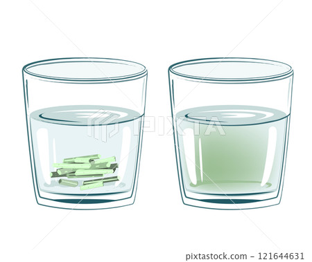 Soluble Tofu Litter Pellets in glass of water, before and after illustration. Concept of organic eco friendly flushable cat toilet filler. Vector isolated drawing 121644631