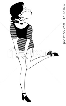 Dancing pretty young woman. Dancing young woman. Black and white illustration Dancing pretty young woman. Dancing young woman. Black and white illustration 121644632