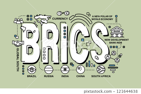 BRICS . Association of 5 countries . Word and outline icon on solid color background . Vector . 121644638