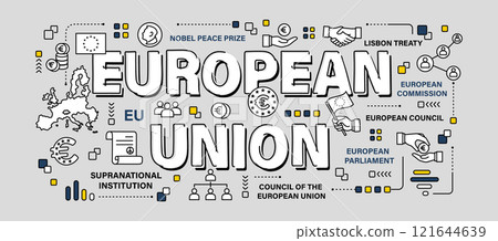 European union . Word and outline icon on solid color background . Vector . 121644639