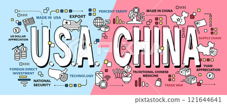 United states of america vs China . Word and outline icon on solid color background . Competition and Conflict of both country . Vector . 121644641
