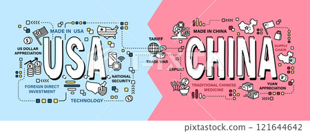United states of america vs China . Word and outline icon on solid color background . Competition and Conflict of both country . Vector . 121644642