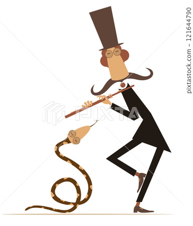 Cartoon musician playing flute to snake. Funny tamer in the top hat playing flute to snake. Isolated on white background Cartoon musician playing flute to snake. Funny tamer in the top hat playing flute to snake. Isolated on white background 121644790
