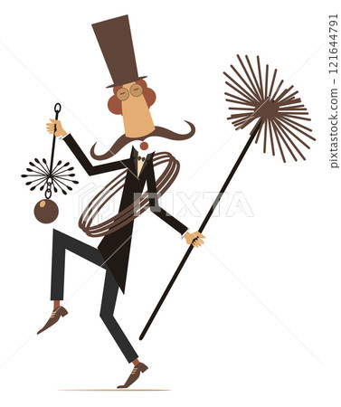 Cartoon chimney sweeper. Funny chimney sweeper in the top hat with a rope and chimney brushes. Isolated on white background Cartoon chimney sweeper. Funny chimney sweeper in the top hat with a rope and chimney brushes. Isolated on white background 121644791