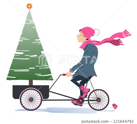 Christmas, New Year day. Woman with a fir rides a bike. Smiling girl in warm cloth transports a fir on the bicycle. Isolated on white background Christmas, New Year day. Woman with a fir rides a bike. Smiling girl in warm cloth transports a fir on the bicycle. Isolated on white background 121644792
