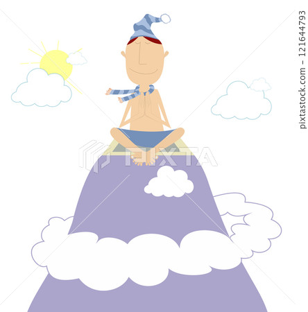 Funny man meditates sitting on the top of the mountain. Cartoon person meditates sitting on the top of the mountain and looks healthy and happy. Isolated on white background Funny man meditates sitting on the top of the mountain. Cartoon person meditates sitting on the top of the mountain and looks healthy and happy. Isolated on white background 121644793
