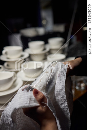 Barista Cleaning Towels Arranged Neatly in a Cozy and Inviting Cafe Setting Atmosphere 121645009