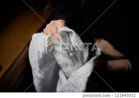 Barista Cleaning Towels Arranged Neatly in a Cozy and Inviting Cafe Setting Atmosphere 121645032