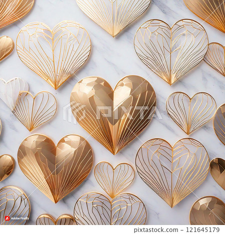 Geometric Valentine Hearts with Golden Accents on Marble Background Pattern 121645179