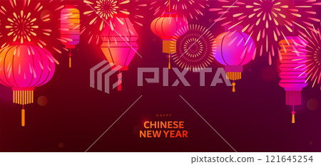 Chinese New Year 2025 vector illustration. Chinese lanterns and bright fireworks on night sky. Modern luxury oriental traditional background for cover, greeting card, celebration banner, poster Chinese New Year 2025 vector illustration. Chinese lanterns and bright fireworks on night sky. Modern luxury oriental traditional background for cover, greeting card, celebration banner, poster 121645254