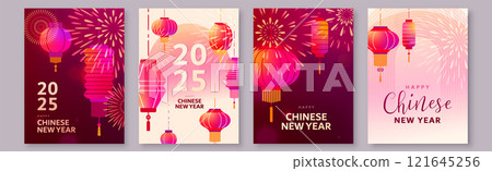 Chinese New Year 2025 set vector illustration. Chinese lanterns and bright fireworks. Modern luxury oriental traditional background for cover, greeting card, celebration banner, poster Chinese New Year 2025 set vector illustration. Chinese lanterns and bright fireworks. Modern luxury oriental traditional background for cover, greeting card, celebration banner, poster 121645256