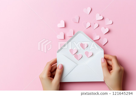 Female hands holding romantic envelope with paper hearts on soft pink background. Valentine's day celebration, romantic message, love inside. Love mail, dating. 121645294