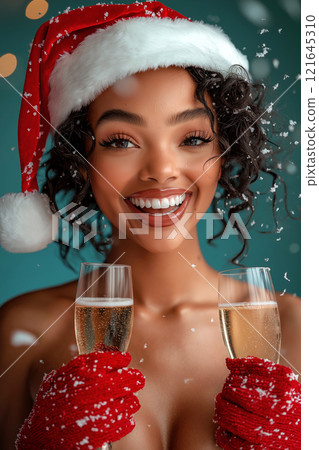 Young naked sexy woman wearing Santa hat and gloves smiling and holding champagne flutes on blue studio background. Love, romantic and celebration concept, flirting, objectification, erotic. Young naked sexy woman wearing Santa hat and gloves smiling and holding champagne flutes on blue studio background. Love, romantic and celebration concept, flirting, objectification, erotic. 121645310