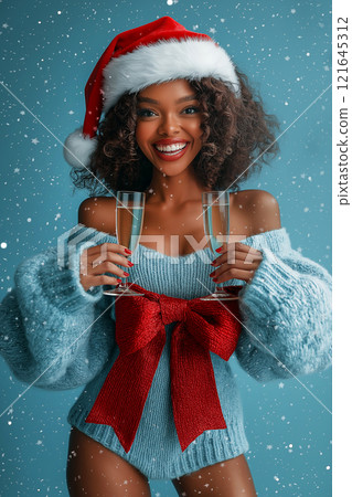 Young sexy woman wearing Santa's hat and knitted sweater smiling and holding champagne flutes on blue background. Love, romantic and celebration concept, flirting, objectification, erotic. 121645312
