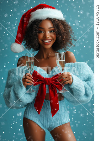 Young sexy woman wearing Santa's hat and knitted sweater smiling and holding champagne flutes on blue background. Love, romantic and celebration concept, flirting, objectification, erotic. 121645315