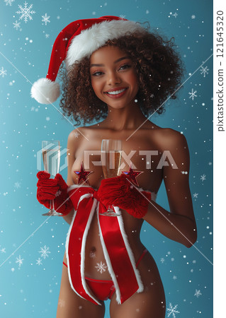Young naked sexy woman wearing Santa's hat, silk ribbon with bow and gloves smiling, holding champagne flutes. Love, romantic and celebration concept, flirting, objectification, erotic. 121645320