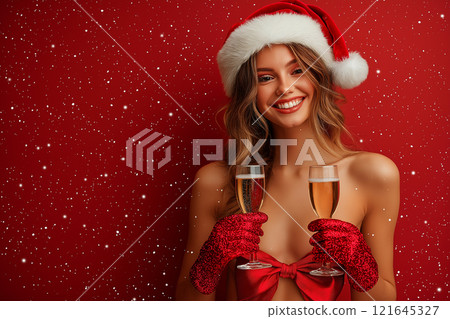 Young naked sexy woman wearing Santa's hat, silk ribbon with bow and gloves smiling, holding champagne flutes. Love, romantic and celebration concept, flirting, objectification, erotic. 121645327