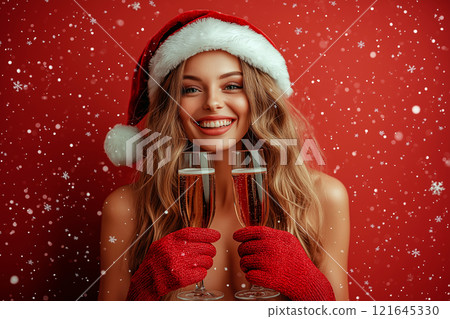Young naked sexy woman wearing only Santa hat and gloves smiling and holding champagne flutes, surrounded by festive snow-like effects on red background. Love, romantic and celebration concept 121645330
