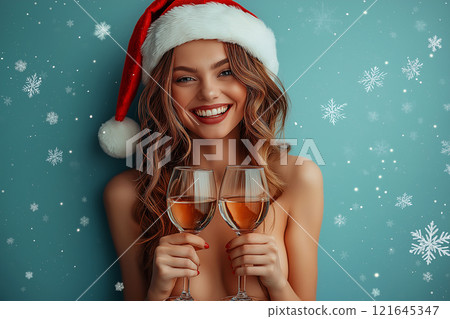 Young naked sexy woman wearing only Santa's hat smiling and holding two glasses of wine on studio background. Love, romantic and celebration concept, flirting, objectification, sex, erotic. 121645347