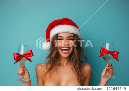 Young naked sexy woman wearing only Santa's hat and silk ribbon with bow smiling and holding champagne flutes. Love, romantic celebration concept, flirting, sex, erotic, objectification. Young naked sexy woman wearing only Santa's hat and silk ribbon with bow smiling and holding champagne flutes. Love, romantic celebration concept, flirting, sex, erotic, objectification. 121645349