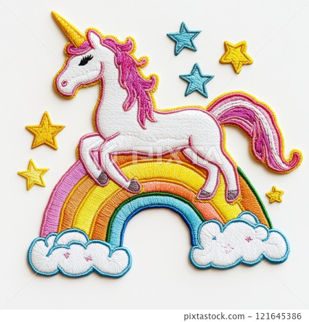 Cute Unicorn Embroidered Design with Rainbow and Stars 121645386