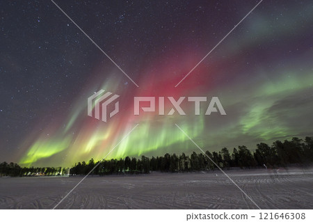 Northern Lights in Lapland Inari Nelli Lakes forest 121646308